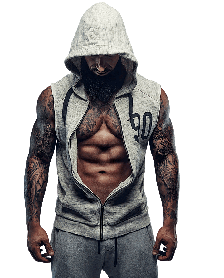 A muscular individual wearing a sleeveless hoodie and grey sweatpants, showcasing detailed tattoos on both arms, against a black background.
