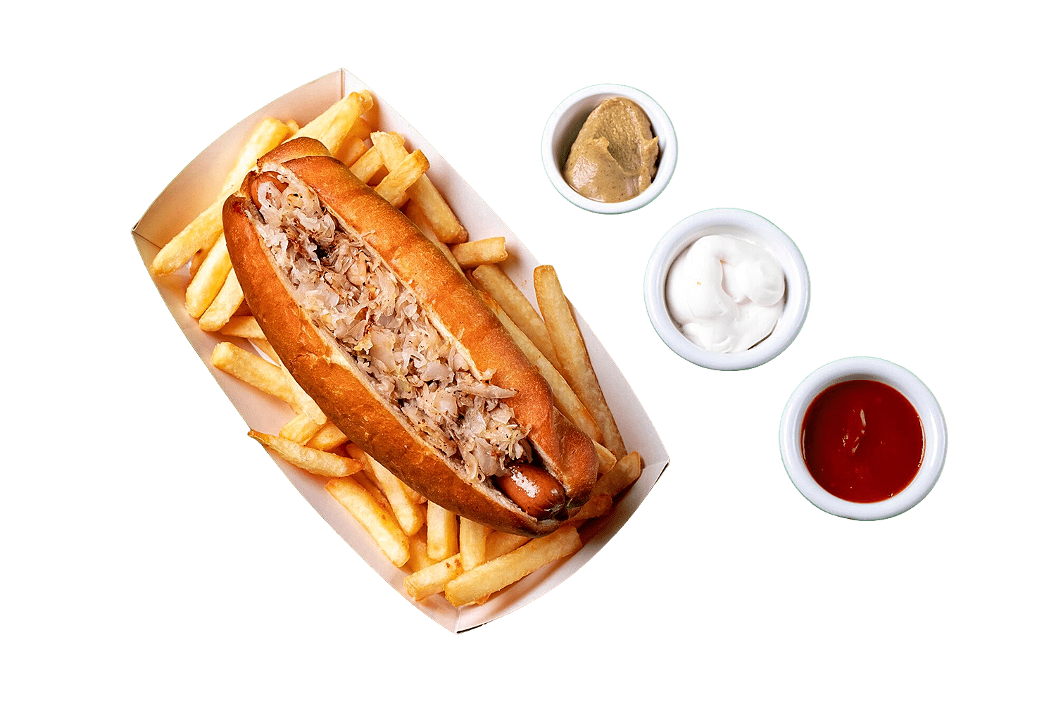 A hot dog filled with sauerkraut on a tray of French fries, accompanied by mustard, mayonnaise, and ketchup in small bowls.
