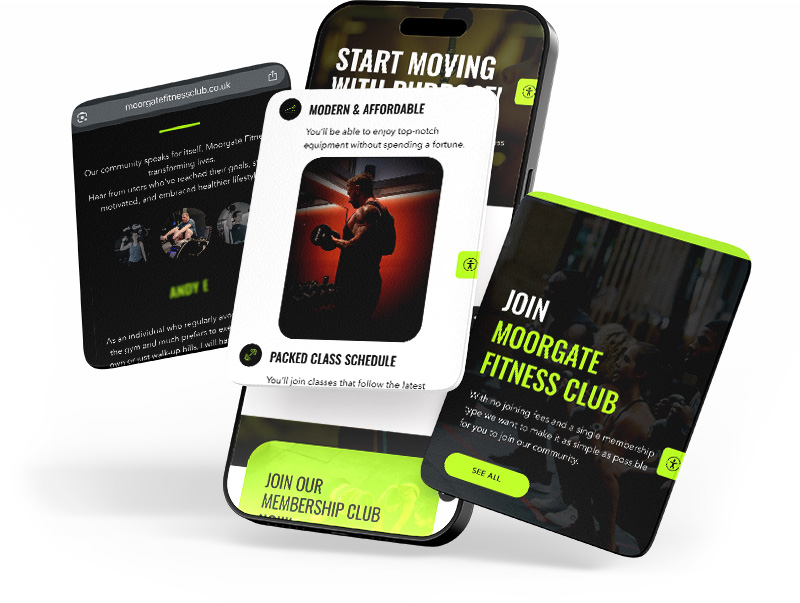 A smartphone displays the Moorgate Fitness Club website, showcasing membership options, class schedules, and modern fitness equipment.