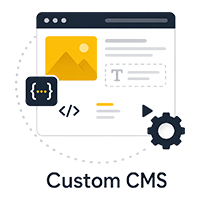 Custom CMS icon illustrated above the word "Custom CMS" in black text.