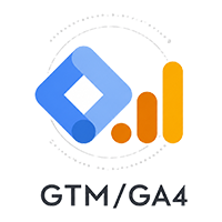 Logo combining Google Tag Manager and Google Analytics 4 with the text "GTM/GA4" below the icons.