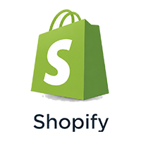Logo of Shopify, featuring a green shopping bag with a white "S" and the word "Shopify" below it.