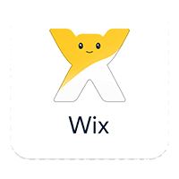 Logo of Wix featuring a stylized 'X' with a smiling face, combining yellow and white colors above the text "Wix".