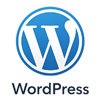 WordPress logo featuring a bold white "W" inside a blue circle with the word "WordPress" below in black text.